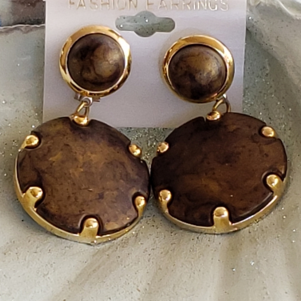 Vintage Disc Circle Dangle Earrings (Olive)